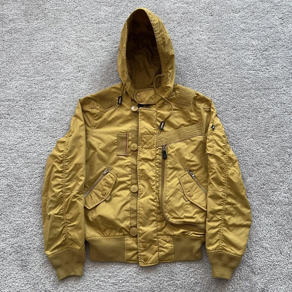 Alpha Industries Full‎ Zip Bomber Jacket Mens M Mustard Yellow Hooded Flight